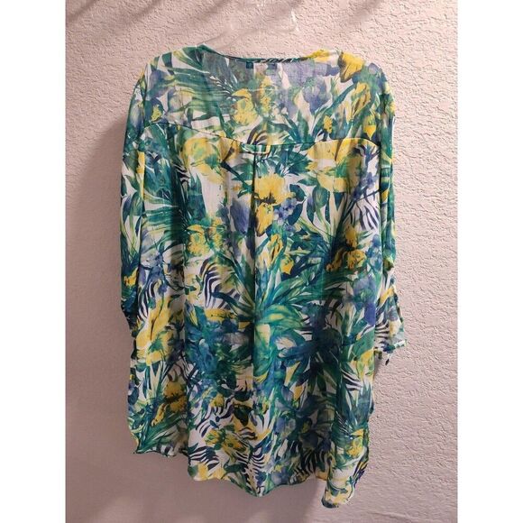 Roz & Ali Women's Plus Size 2X Sheer Floral Blue Green Yellow Blouse Silver - Picture 4 of 4
